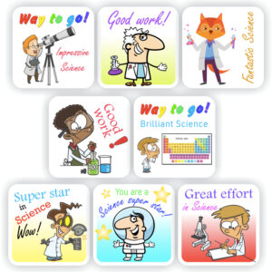 88 Stickers |Science: Scientist in lab, beaker, telescope, Periodic table